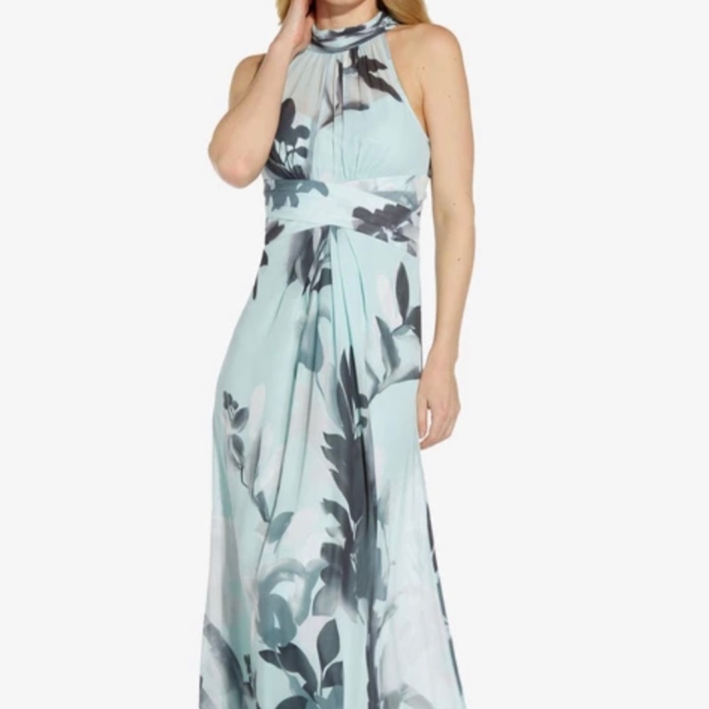 CHIFFON HIGH NECK HALTER GOWN -MINT